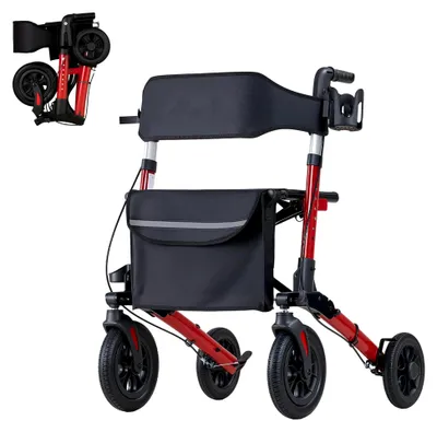 Produktbild von Faltbarer Rollator mit Sitz, leichter Gehwagen mit 4 Rädern, Gehhilfe bis 136 kg, Rückenlehne, Tasche und Gehstockhalter, höhenverstellbare Laufhilfe mit Feststellfunktion für Senioren, rot