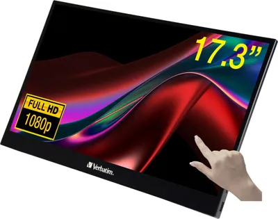 A portable touchscreen monitor is shown at an angle, with a hand touching the screen.