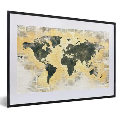 Obrázok produktu pre MuchoWow® Zarámovaný plagát Mapa sveta - Noviny - Zlato 60x40 Nástenný plagátový rám Fotky