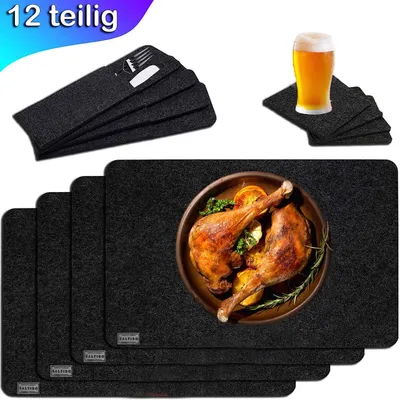 Image de saltibo - Set de 12 sets de table comprenant des sous-verres et des pochettes à couverts en feutre - Qualité supérieure - Lavable, en anthracite/gris foncé, gris foncé