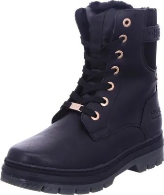 A black lace-up boot with gold eyelets and a buckle detail.