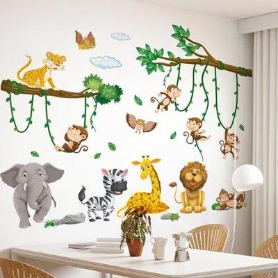 Produktbild von Wandstickers mit Wildtiermotiven, Wandstickers mit Tierfest, Wanddekoration für Kinderzimmer und Wohnzimmer