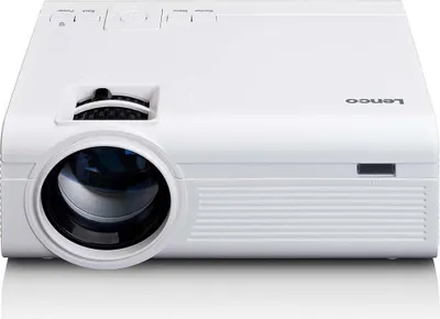A white projector is shown from a front-side angle against a white background.