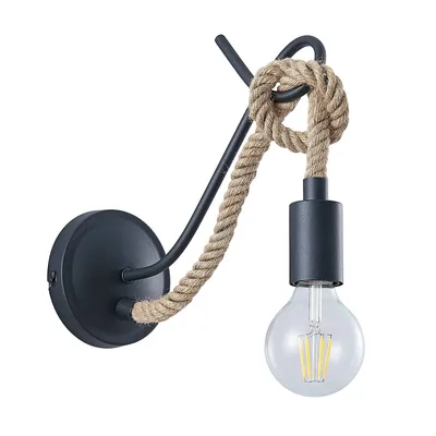 Produktbild von Lucande Wandleuchte Ropina, schwarz, Hanfseil, Höhe 25cm