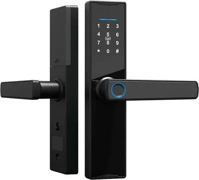 Productafbeelding van Elektronisch nachtslot met vingerafdruk- en cijfercodebeveiliging, kaart- en sleuteltoegang, en voorzien van een deurklink