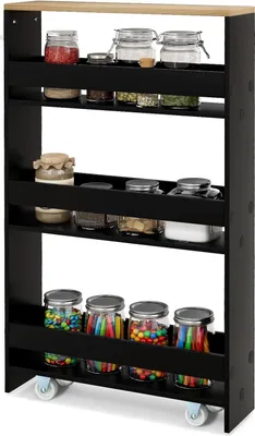 Produktbild von GOPLUS Nischenregal mit Rollen, 4 Ebenen Regalwagen mit Griff, Küchenschrank Badregal Rollregal für Küche Bad, Wäsche (Schwarz + Natur)