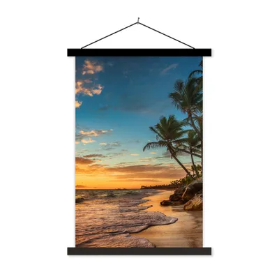 Produktbild von MuchoWow® Textilposter Strand - Sonnenuntergang - Meer - Palme 40x60 cm mit schwarzem Rahmen - Wanddekorationen