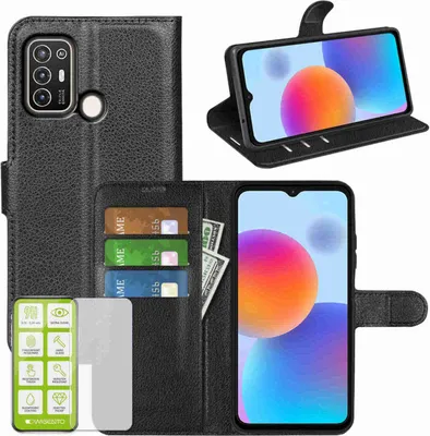 Obrázek produktu pro Pouzdro na mobilní telefon ZTE Blade A53 – černé pouzdro z umělé kůže + tvrzené sklo H9