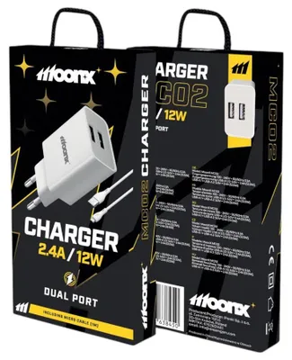Immagine prodotto di Moonx Caricabatterie da parete Mc02, 2.4A, 12W, 2 porte USB + cavo Micro USB, colore bianco