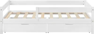 Produktbild von Kinderbett mit Rausfallschutz und Schubladen 90x200 cm Jugendbett mit Schutzgitter bis 100 kg mit Lattenrost Kiefernholz Holz Weiß [en.casa]