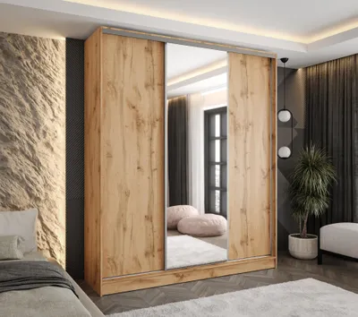 Produktbild von Moderner 3-türiger Schwebetürenschrank Eiche Wotan 200x58x250 cm – mit Spiegel – Kleiderschrank für Flur, Schlafzimmer