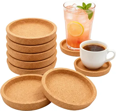 Obrázok produktu pre Podložky pod poháre z korku – sada 8 kusov – okrúhle – so zvýšeným okrajom – absorpčné – odolné voči teplu – stohovateľné – ochrana stola – podložky pod kávu