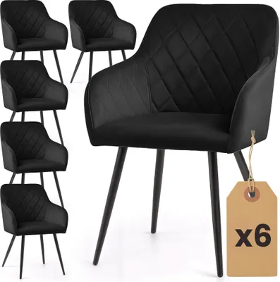 Produktbild von 6er Set Velours Esszimmerstühle mit Rautensteppung VELTO Schwarz mit schwarzen Beinen