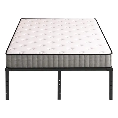 A mattress on a black metal bed frame, shown from a front-facing angle against a white background.