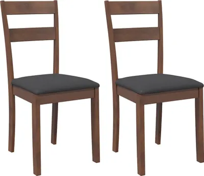 Two brown wooden dining chairs with gray cushions are shown against a white background.