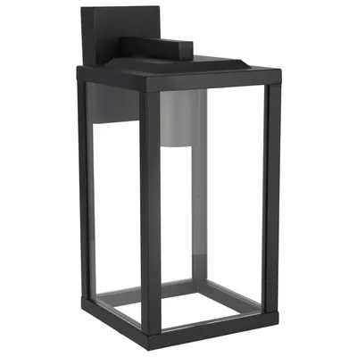 A black outdoor lantern with glass panels, shown against a white background.