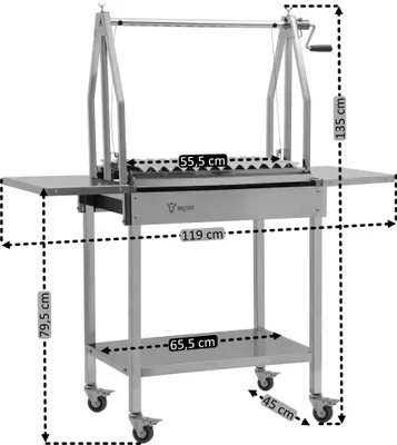 A stainless steel BBQ grill with side shelves and dimensions indicated by dashed lines and measurements.