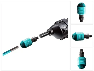 A tool adapter is shown being connected to a drill.