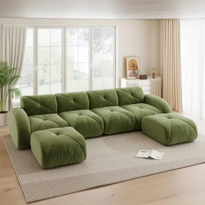 Immagine prodotto di Divano modulare - Divano a forma di "U" per 4 persone - 2 poggiapiedi - Rivestimento in chenille - Da montare - Stile moderno - Verde