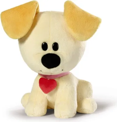 A plush toy dog sitting on a white background.