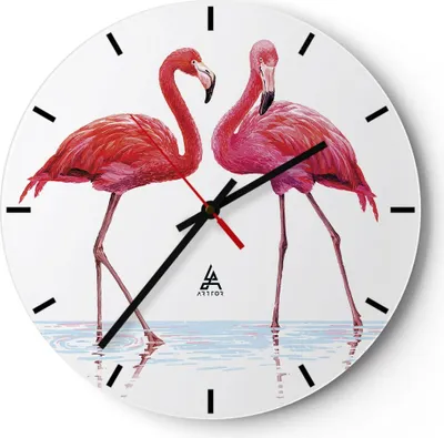 Produktbild von Wanduhr - Rund - Glasuhr - Flamingos Rosa Paar - 30x30cm - Schleichendes Uhrwerk - Lautlos - zum Aufhängen bereit - Dekoration Modern - Wanddekoration aus Glas - C3AR30x30-4243