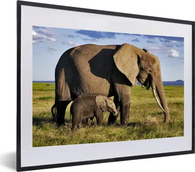 Produktbild von MuchoWow® MuchoWow® Gerahmtes Poster Elefant - Tiere - Grasland - Grün - Grau 60x40 cm - Poster mit zchwarzem Bilderrahmen - Schlafzimmer - Plakat in Rahmen - Drucken