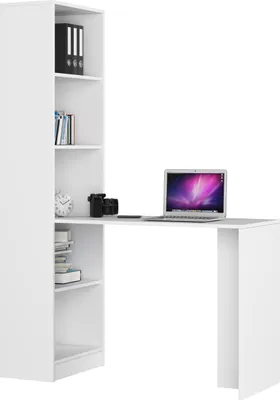 A white computer desk with an attached bookshelf, featuring a laptop, camera, clock, and books.