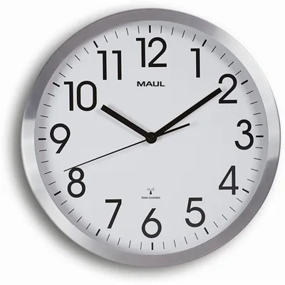 Produktbild von MAUL Wanduhr MAULmove Ø 30.5 x 5 cm funkgesteuert Aluminium 1 x AA (1.5 V) weiß silber