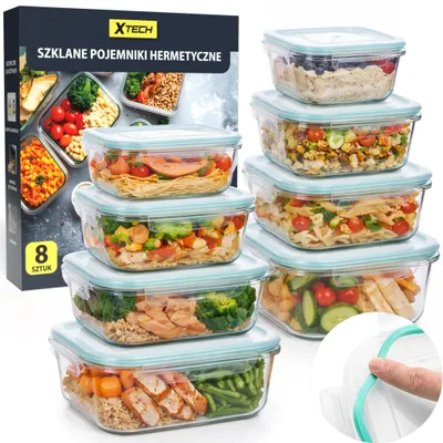 Zdjęcie produktu dla Szklane Pojemniki Hermetyczne Na Żywność Lunchboxy Do Mikrofali Lodówki 8 Sztuk