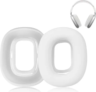 Two white ear pads for headphones are shown in the foreground, with a pair of white headphones in the background.