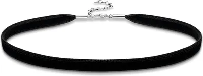 A black velvet choker necklace with a silver clasp and chain.