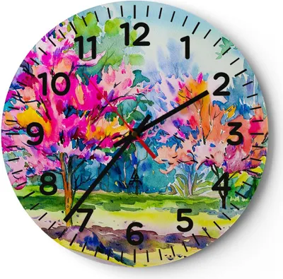 Produktbild von Wanduhr - Rund - Glasuhr - Bäume Mehrfarbig Natur Frühling - 40x40cm - Schleichendes Uhrwerk - Lautlos - zum Aufhängen bereit - Dekoration Modern - Wanddekoration aus Glas - C4AR40x40-2941