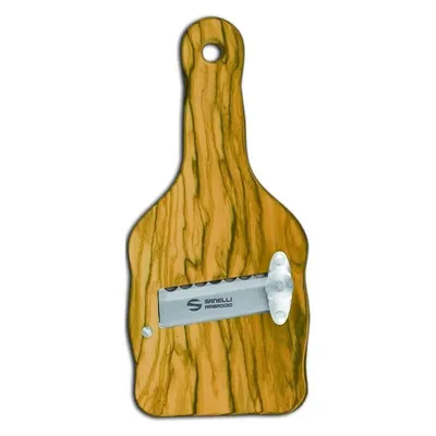 A truffle slicer made of olive wood with a metal blade.