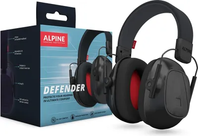 A product box and headphones are shown against a white background.