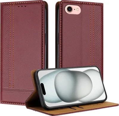 Produktbild von Handyhülle für iPhone 8/7/6s/6 Leder Flip Klappbare Schutzhülle mit Standfunktion Dunkelrot