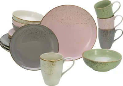 A collection of ceramic dishes and mugs, including plates, bowls, and cups, arranged on a white background.