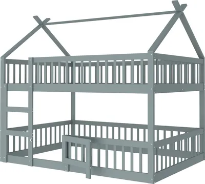 Image de Sweiko Lit superposé pour enfants 140*200, lit familial pour enfants, lit superposé avec escalier, design loft, cadre de lit superposé en bois massif, gris