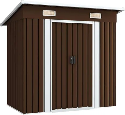 Produktbild von Gerätehaus 190x124x181 cm Gartenschrank Wetterfest Geräteschuppen Stahl Gartenhaus Metall Fahrradunterstand Kaminholzregal Blechhütte Braun Verzinkter Stahl