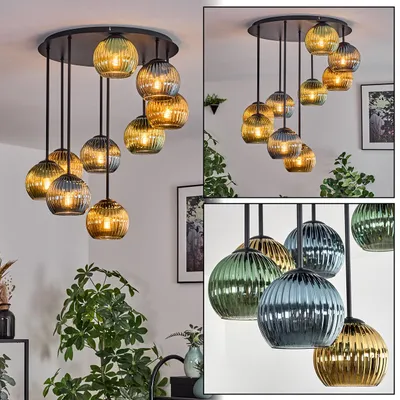 Produktbild von Cesaro Deckenlampe aus Metall/Riffelglas in Schwarz/Gold/Grün/Blau