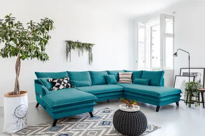 Image de MIUFORM Charming Charlie - Canapé d'angle avec fonction lit et coffre de lit U-FORM DROITE - 302x200cm - Turquoise - Canapé-lit Canapé