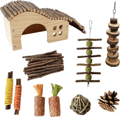 Produktbild von 10er Set Holzhamter Versteck & Kauspielzeug, Hamsterkäfig Zubehör Für Meerschweinchen, Chinchillas, Rennmäuse, Mäuse, Ratten, Maus, Kaninchen