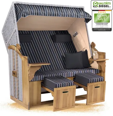 Produktbild von Strandkorb Ostsee 2,5-Sitzer 150cm breit in Beige Blau Braun Weiß Gestreift Zerlegt ideal für Balkon, Terrasse oder Garten