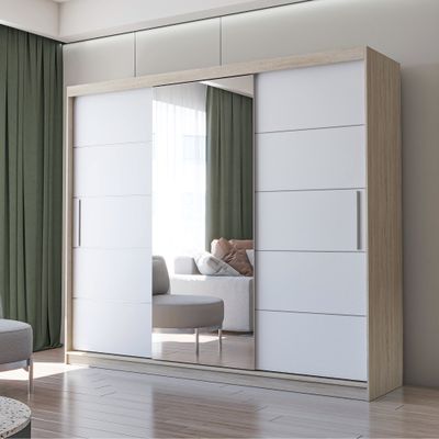 Schwebetürenschrank Kleiderschrank Schrank 250cm Sonoma Eiche/Weiß mit Spiegel und LED-Beleuchtung  Alba