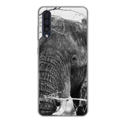 Produktbild von MuchoWow® Handyhülle Schutzhülle Hülle für Samsung Galaxy A50 Elefant - Tiere - Äste - Natur - Schwarz und weiß Silikon Softcase Handy Hülle - Mobiltelefonhülle