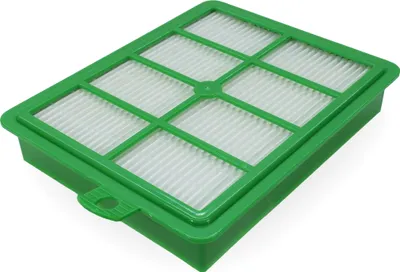 A vacuum cleaner filter with a green plastic frame and a white pleated filter material.