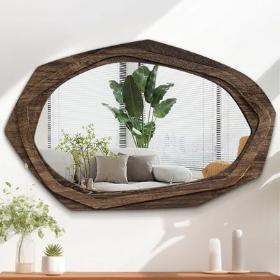 Productafbeelding van Asymmetrische wandspiegel met houten frame, retrostijl, bruin, 70 x 45 cm