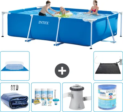 Produktbild von Intex-Schwimmbecken mit rechteckigem Rahmen – 300 x 200 x 75 cm – Blau – im Lieferumfang enthalten Sonnensegel - Wartungspaket - Filterpumpe für Schwimmbad - Filter - Bodenplane - Solarmatte