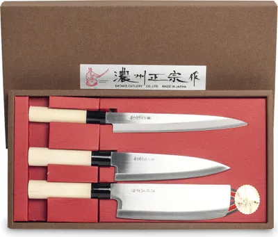 Immagine prodotto di Set di coltelli giapponesi | Sashimi - Gyutou - Nakiri | 3 coltelli da cucina Satake dal Giappone