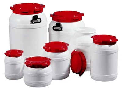 Produktbild von Weithalsfass 26,0 l PE weiß mit rotem Deckel und Tragegriffen Einfüllöffnung-D. 203 mm