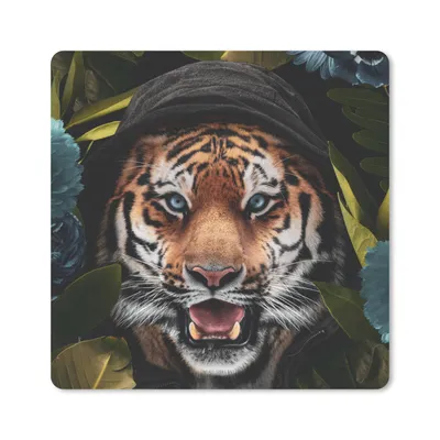 Produktbild von MuchoWow® Mauspad Mousepad Tiger - Blumen - Kleidung 20x20 cm - Mousepads - Maus Mat - Pad - Mausunterlage - Desk Mat - Bureauartikeln